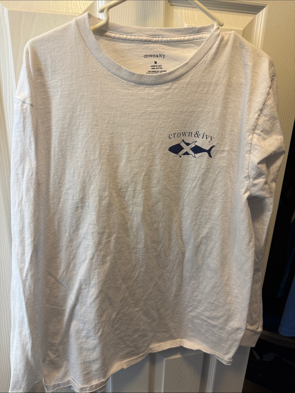crown & ivy White Long Sleeve Tee with Navy Fish Logo - Picture 1 of 4